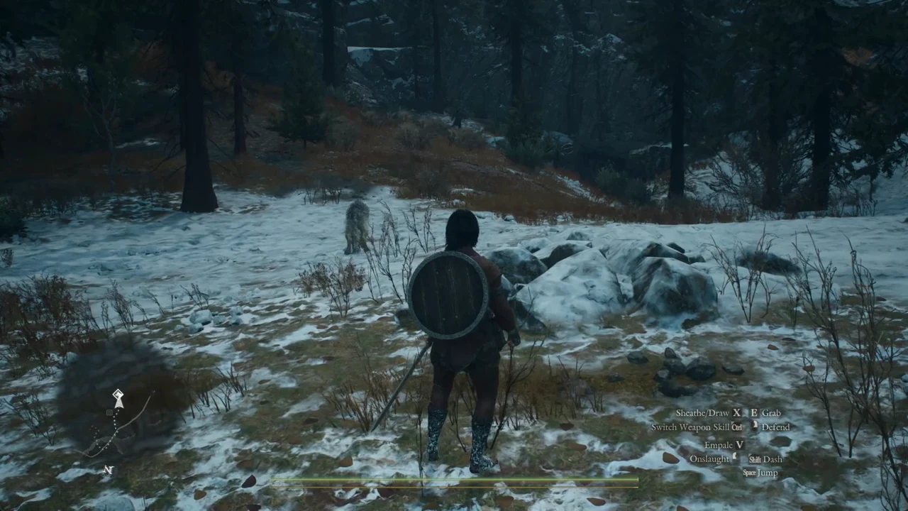 Character moving uphill along a snowy path with Space Jump and Shift Dash prompts at lower right