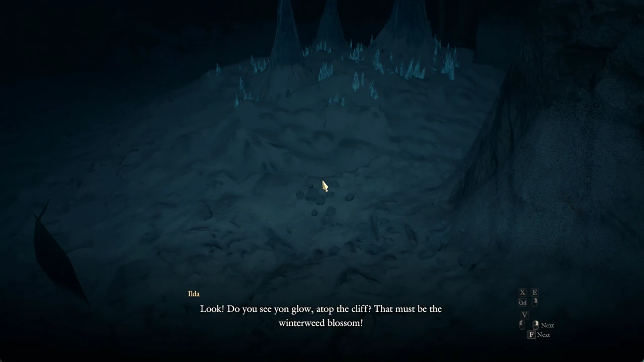 Ilda points toward the glowing blue winterweed blossom on top of the cliff at night