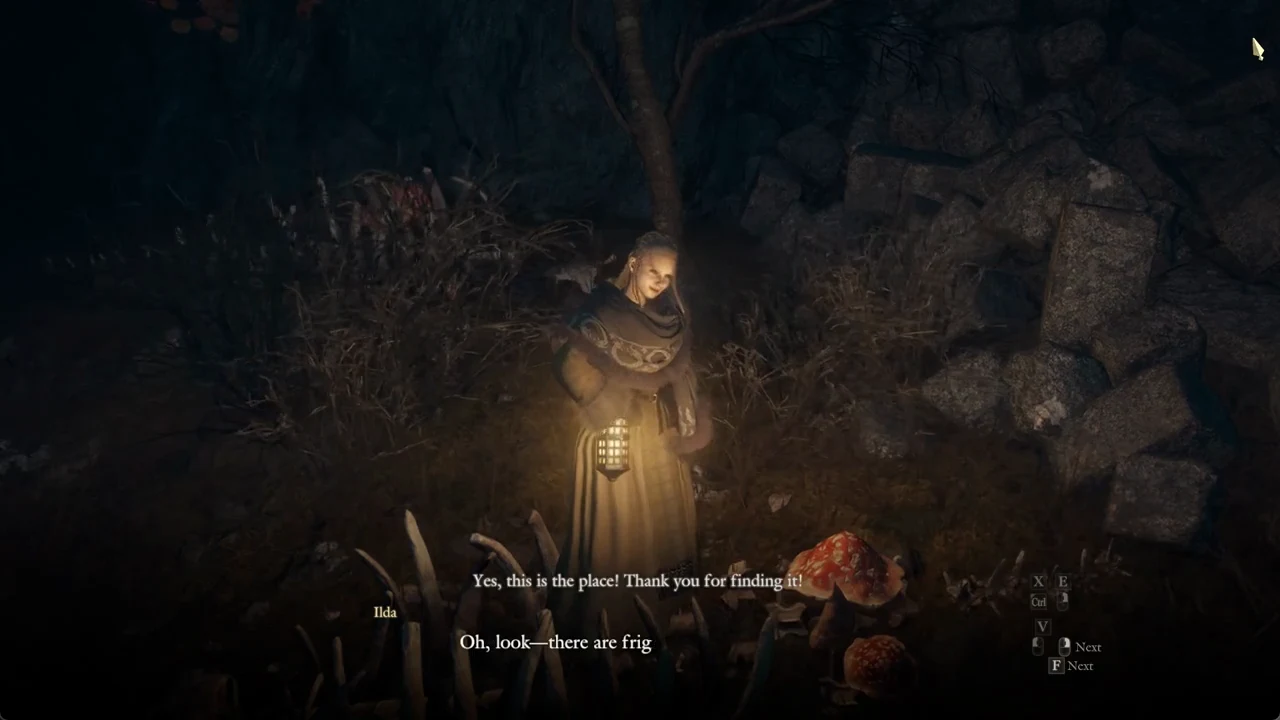 Ilda confirms the coldstool location in a dark wooded area near animal bones