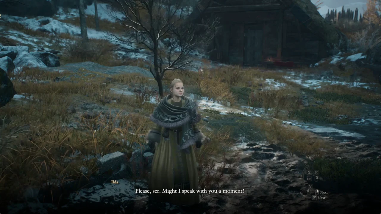 Ilda opens a conversation in the snowy settlement with a Next prompt to advance her dialogue