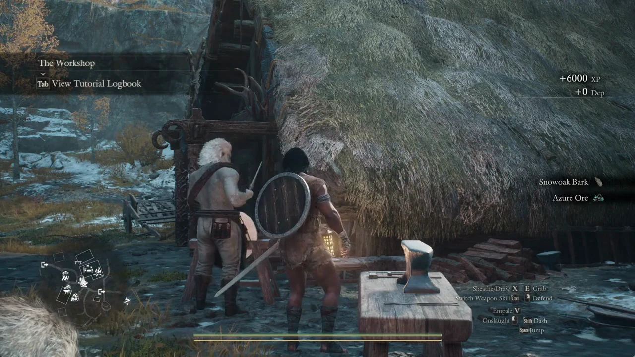 The Workshop unlock notice with XP and material rewards shown at the anvil