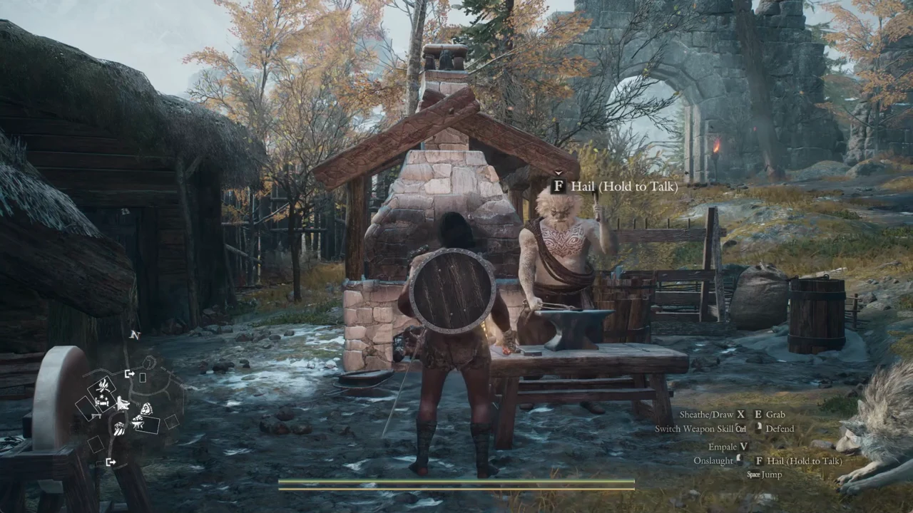 The Hail (Hold to Talk) prompt beside Hal at the outdoor stone forge