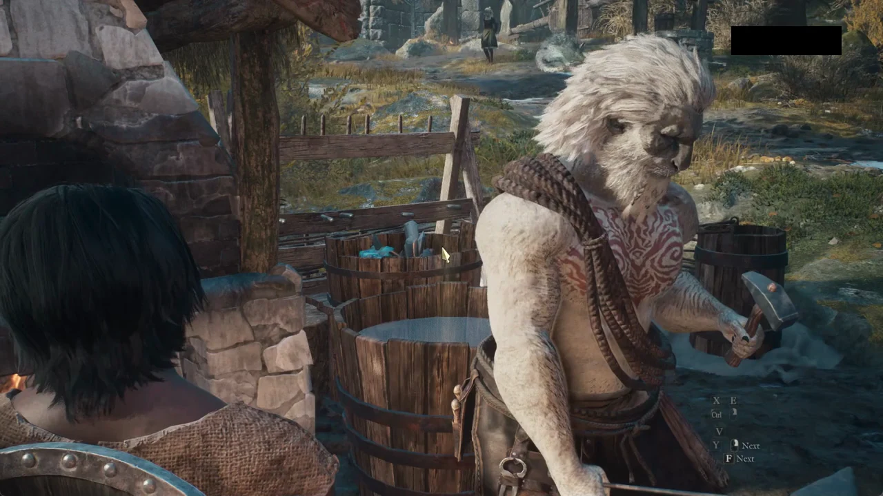 The in-game conversation with the white-haired Beastren smith Hal and a Next prompt