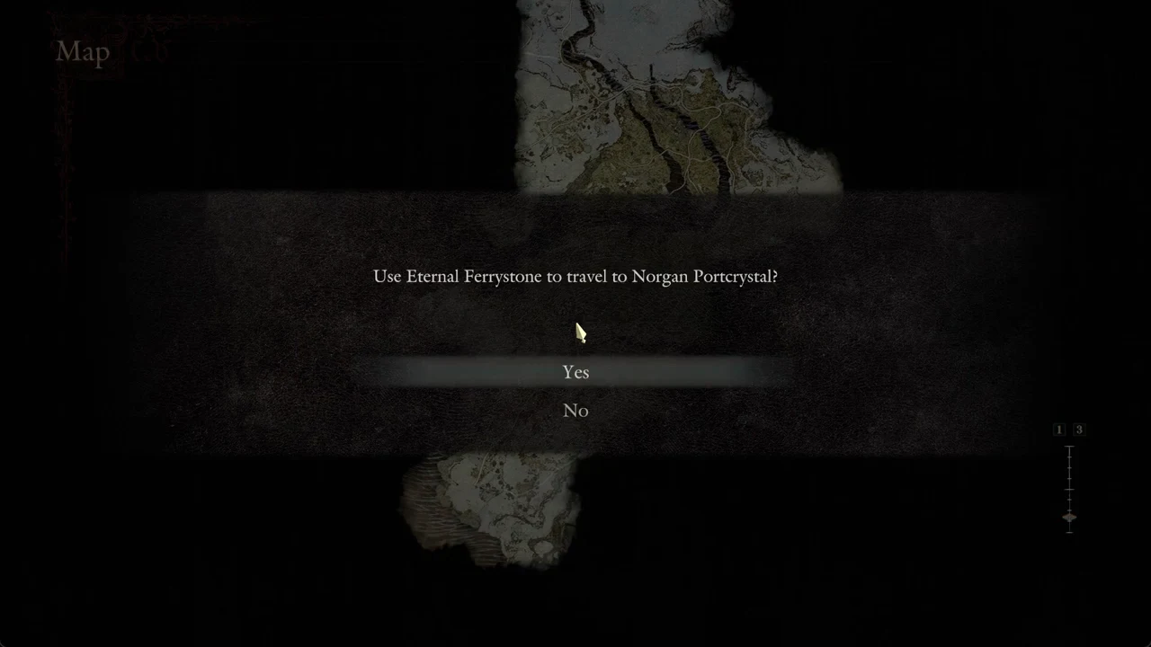 Confirmation box asking whether to use the Eternal Ferrystone to travel to Norgan Portcrystal, with Yes highlighted