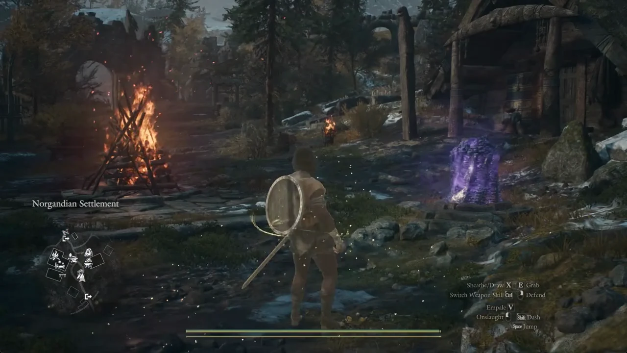 The Arisen arrives at the Norgandian Settlement beside the glowing purple portcrystal with the HUD visible