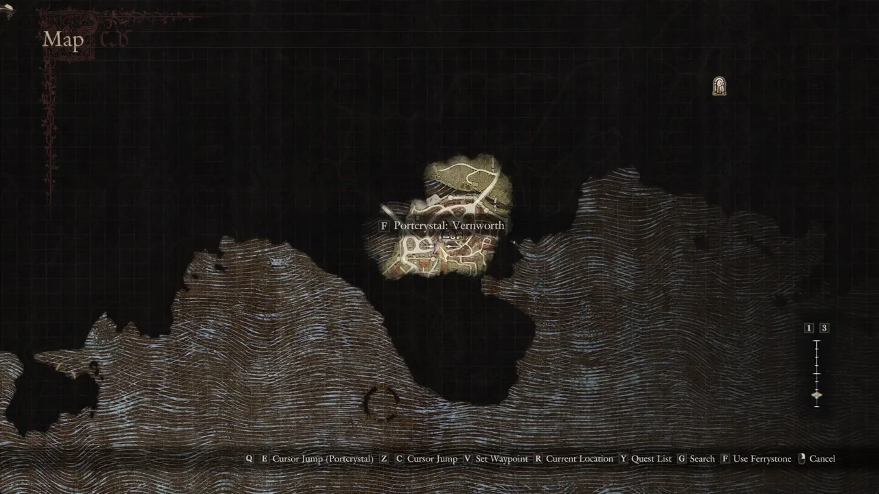 World map with Portcrystal: Vernworth highlighted and the F Use Ferrystone prompt active