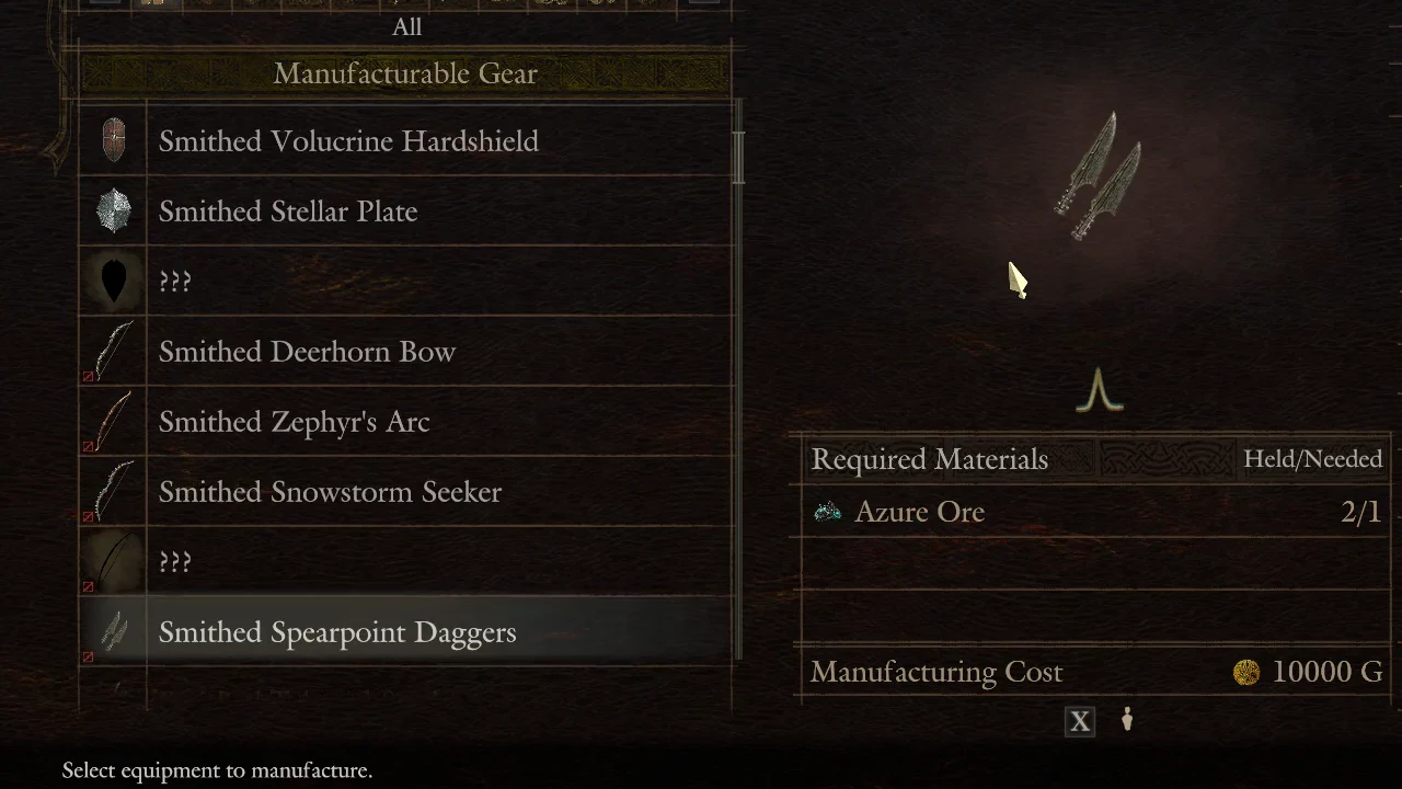 Smithed Spearpoint Daggers selected in the dagger rows with Azure Ore and 10,000 G shown