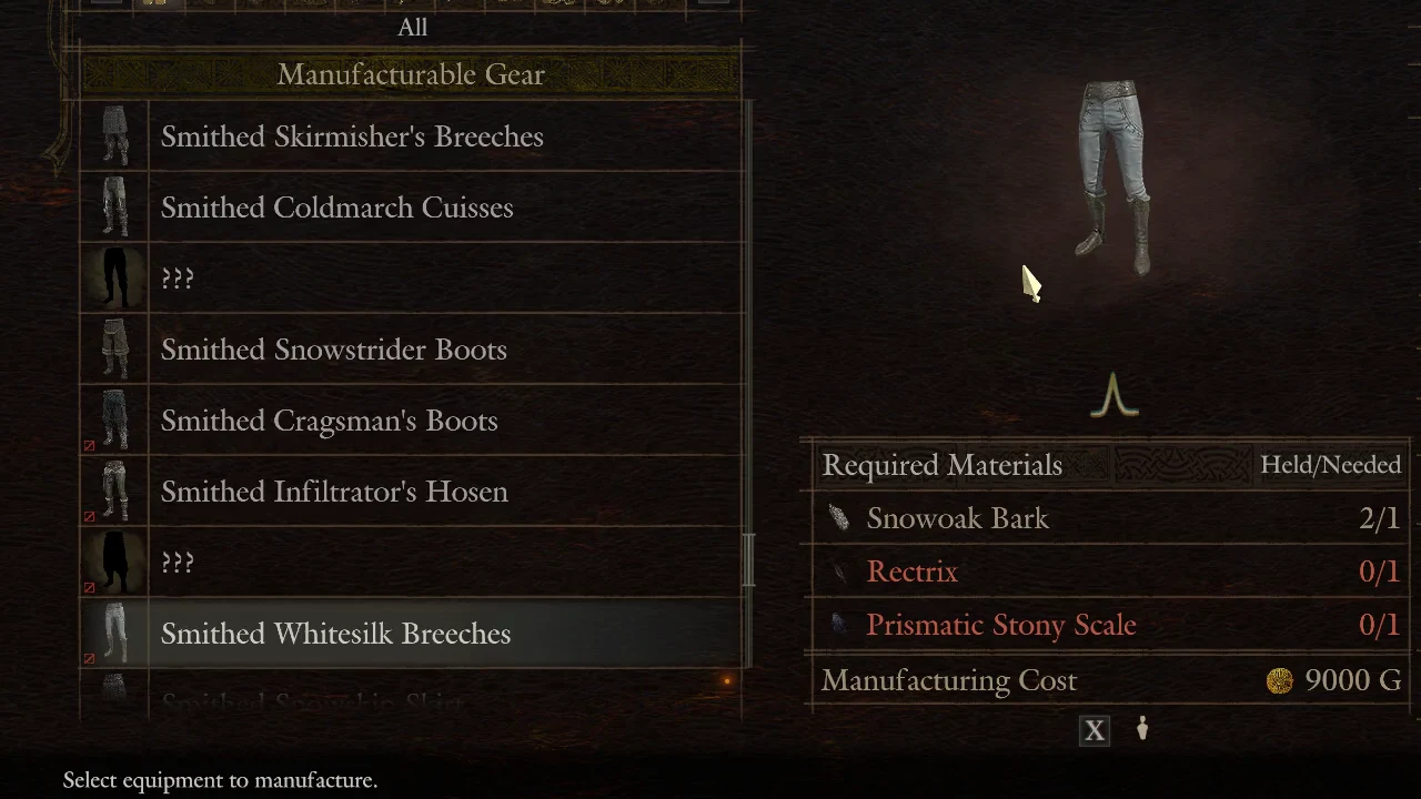 A leg armour row selected in the Manufacturable Gear menu with its materials and cost