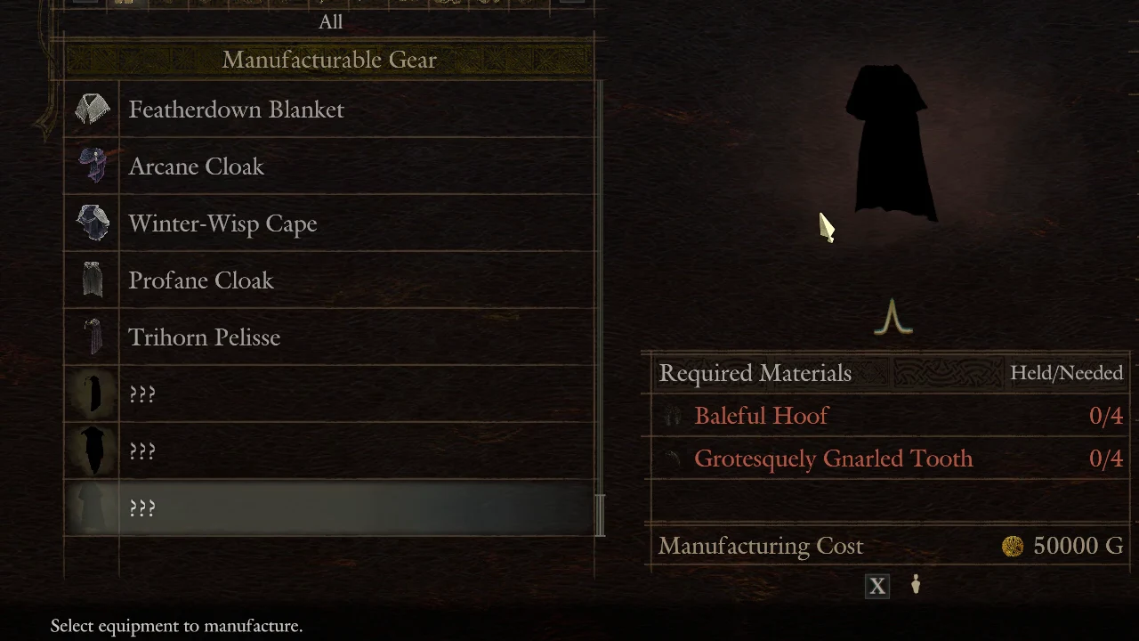 A ??? cloak row selected showing a black silhouette, its materials, and a 50,000 G cost