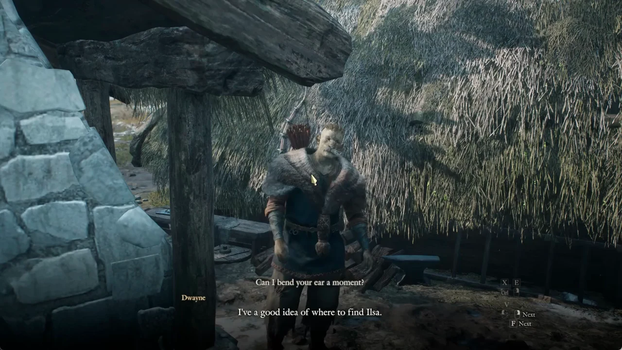 Dwayne outside a hut explaining where Ilsa went, with the Next prompt to continue