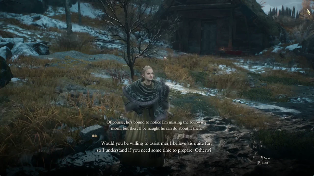 Ilda's dialogue asking for help leaving the village before dawn, with the Next prompt showing