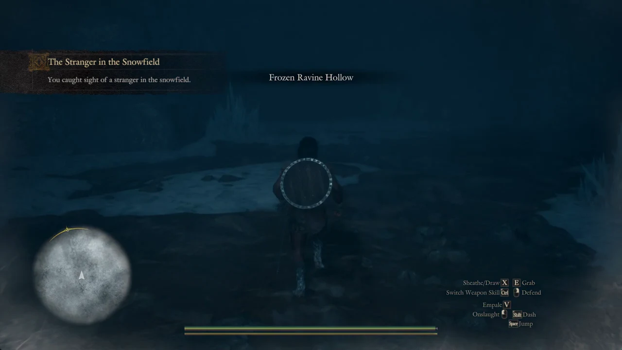 The Stranger in the Snowfield notification appearing while crossing into Frozen Ravine Hollow