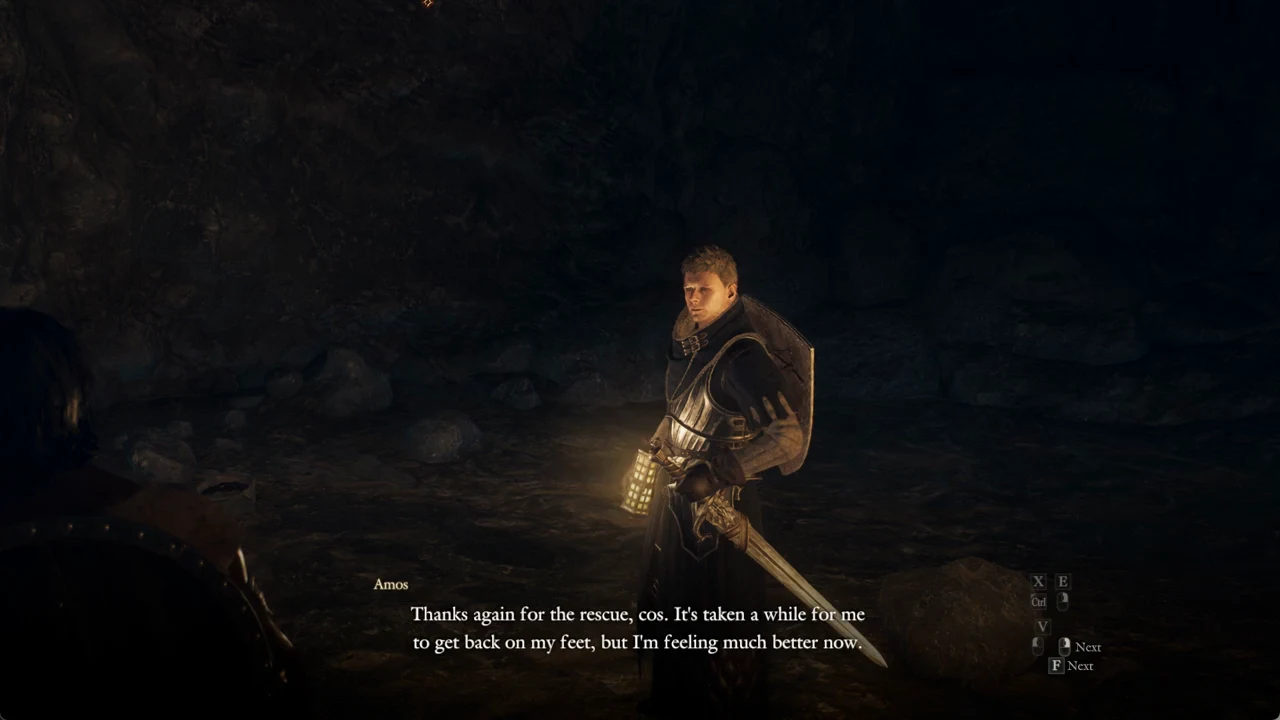 Amos speaking inside the Northwall Campground cave with the Next prompt showing