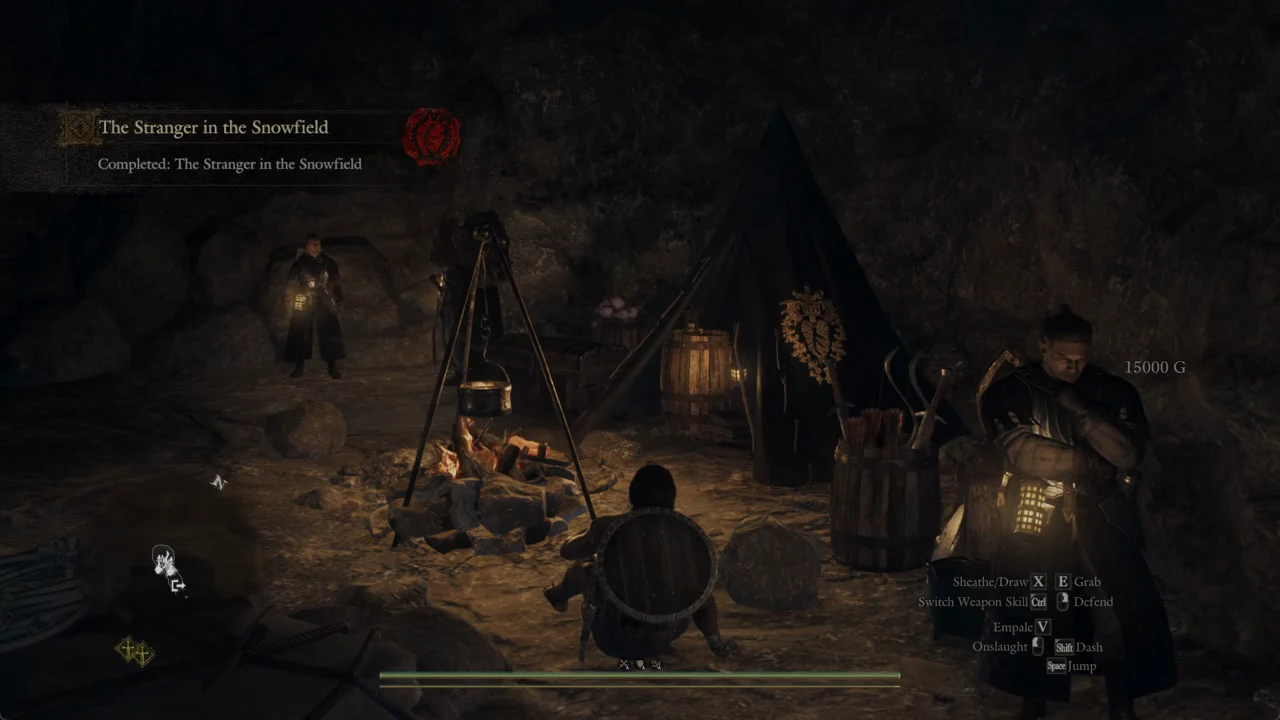 The Stranger in the Snowfield completion banner shown at the campsite