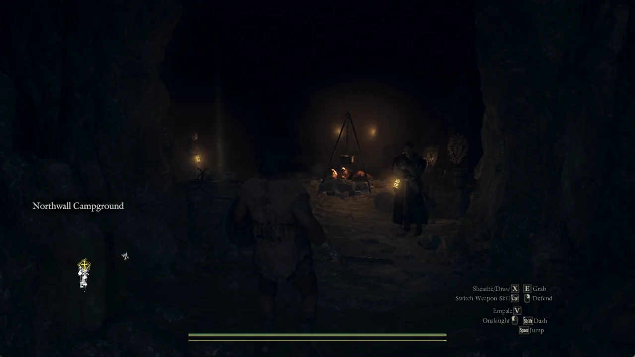 Approaching the campfire at Northwall Campground with the Northwall Campground gameplay view