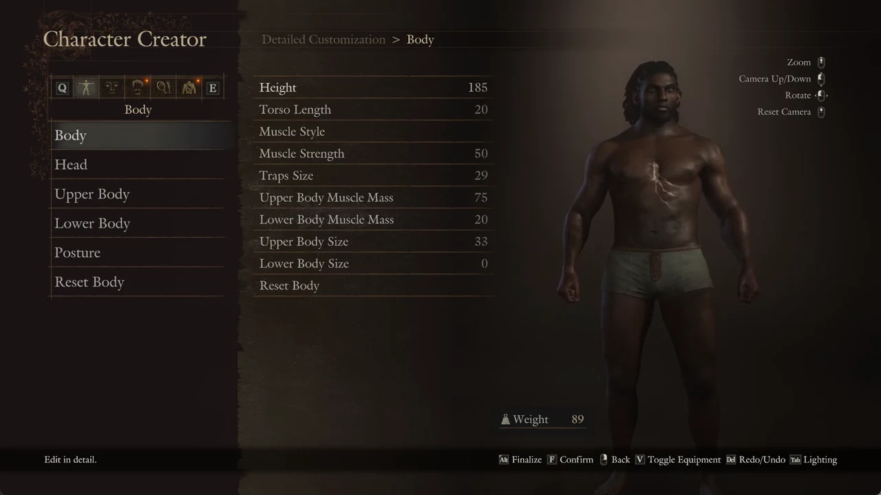 Detailed Customization Body tab with body proportion sliders before switching tabs