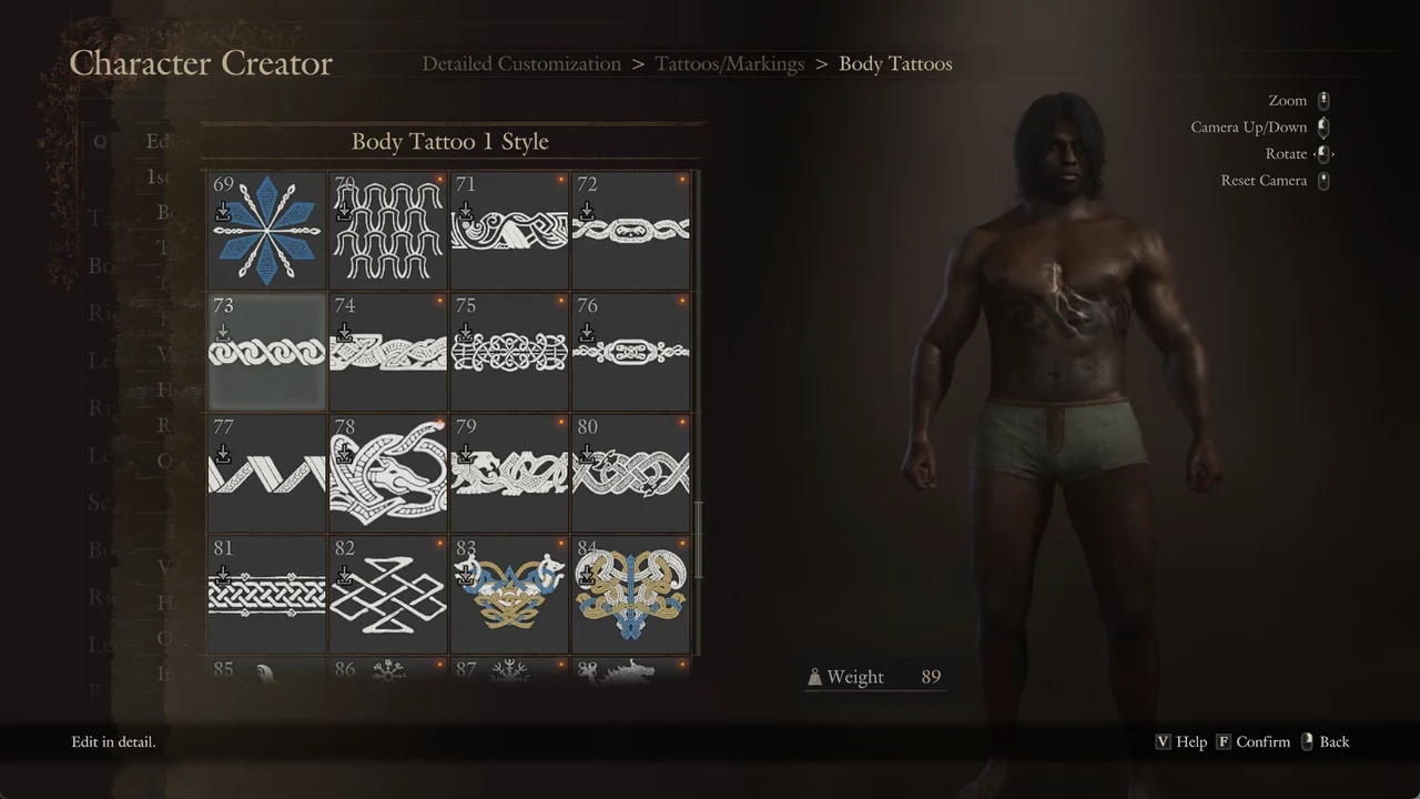 Browsing marked body tattoo designs in the upper tile range on the character creator grid