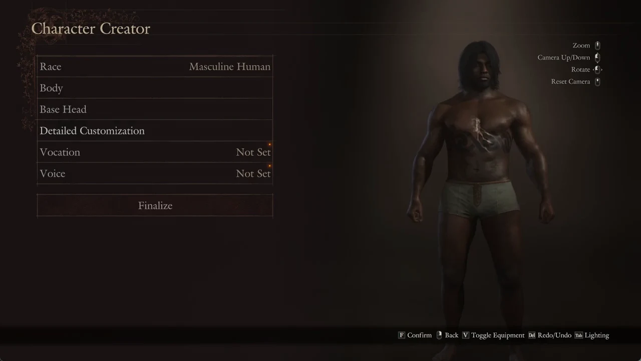 Character Creator main menu with the finished character showing the new hair and tattoo