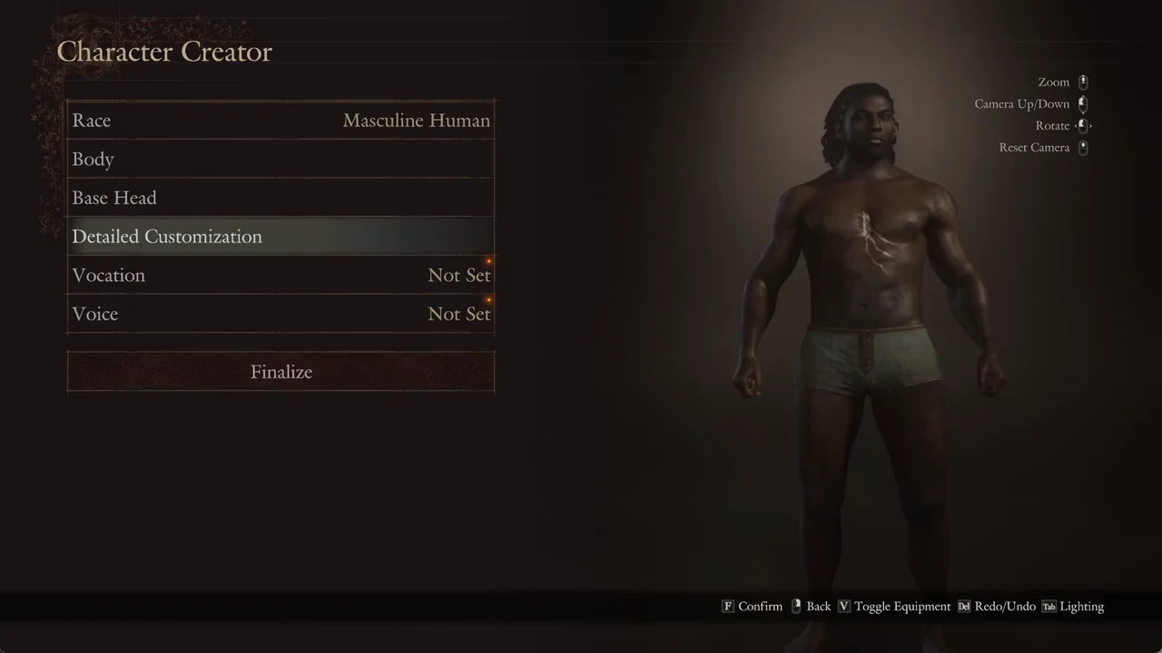 Character Creator main menu with Detailed Customization highlighted on a masculine human