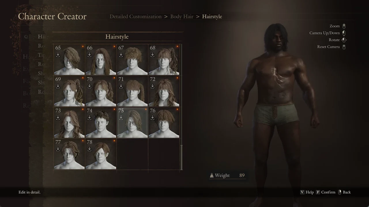 Browsing marked hairstyle tiles in the upper 60s and 70s with a live character preview