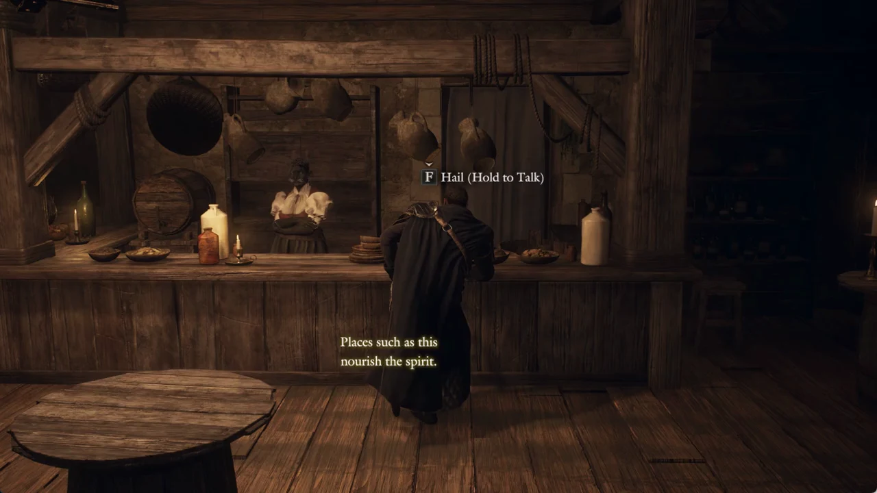 Tavern counter at night showing the F Hail (Hold to Talk) prompt before speaking to Brant