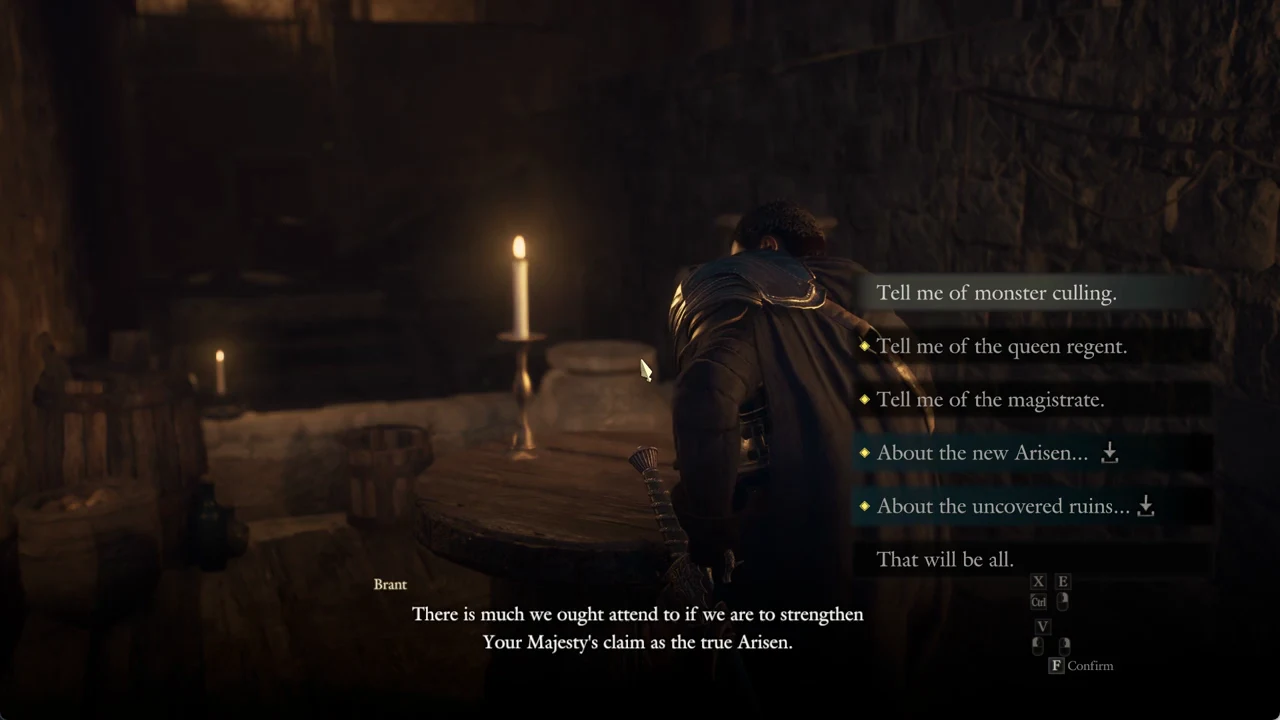 Brant's topic menu open with About the uncovered ruins highlighted