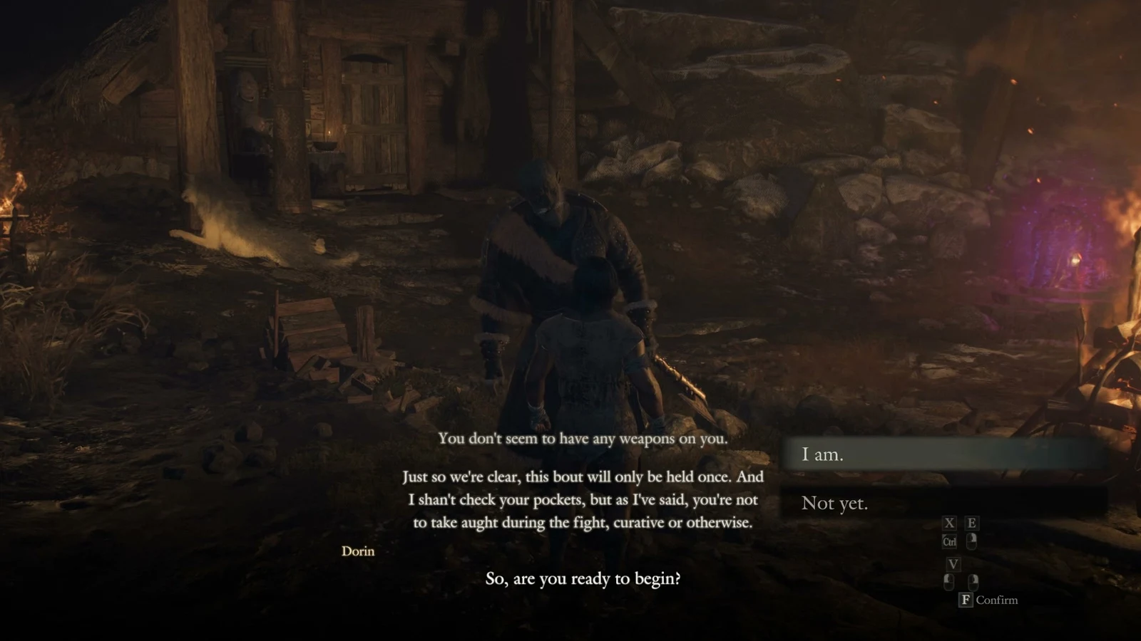 A large fur-clad man speaks to an unarmed character at night beside a wooden hut, with two reply choices shown.