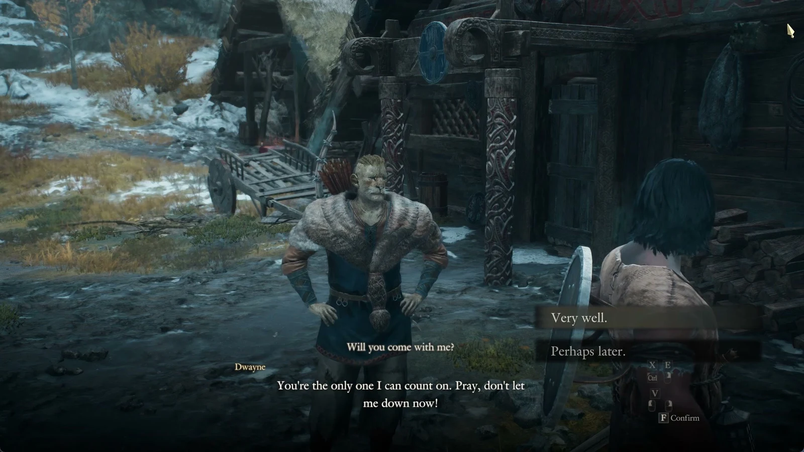 A beastren man in a fur mantle stands before a carved wooden building while dialogue choices appear on the right.
