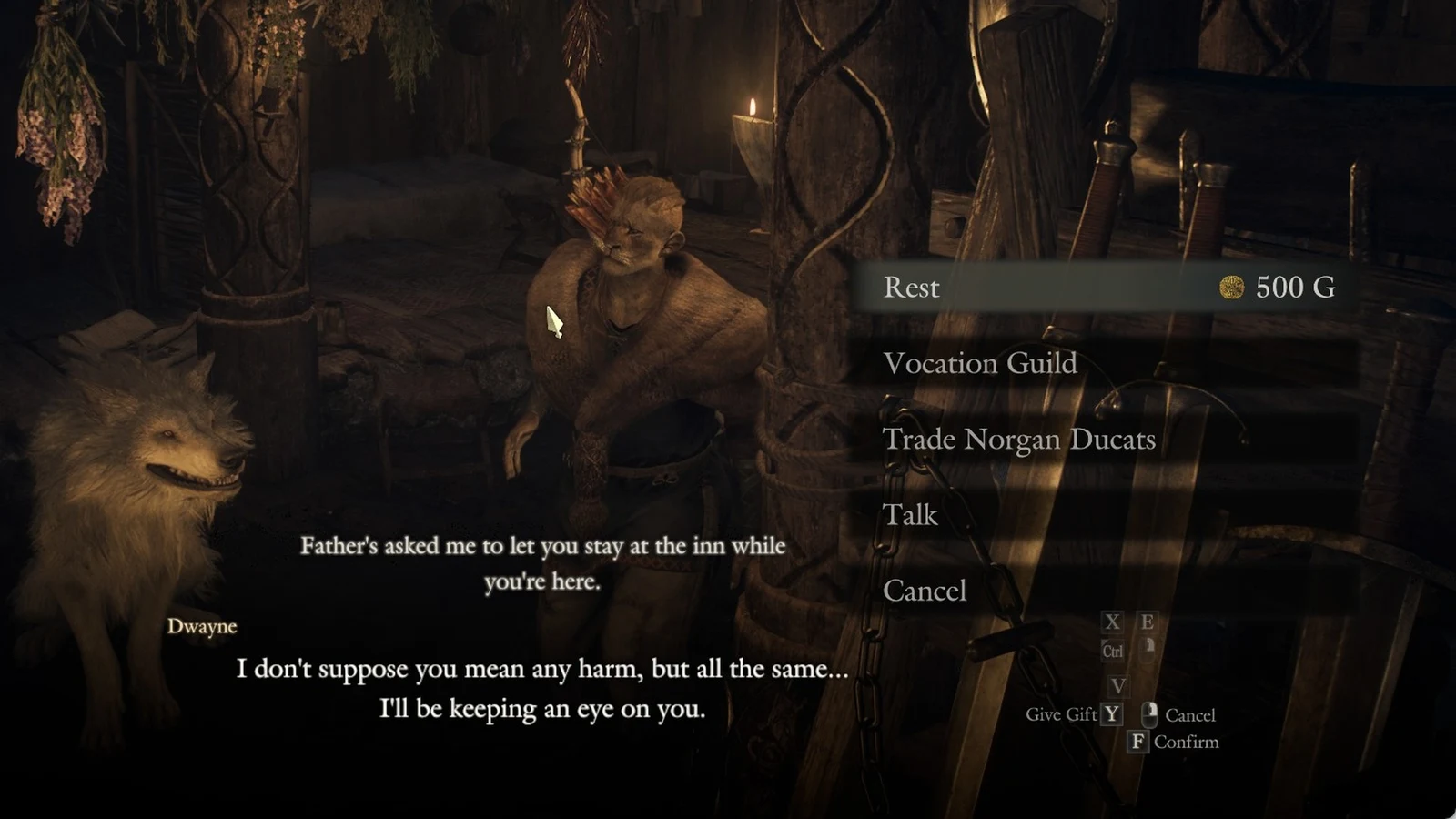 Dialog menu in a dim inn with an NPC and a wolf, listing Rest 500 G, Vocation Guild, Trade Norgan Ducats, Talk, Cancel.