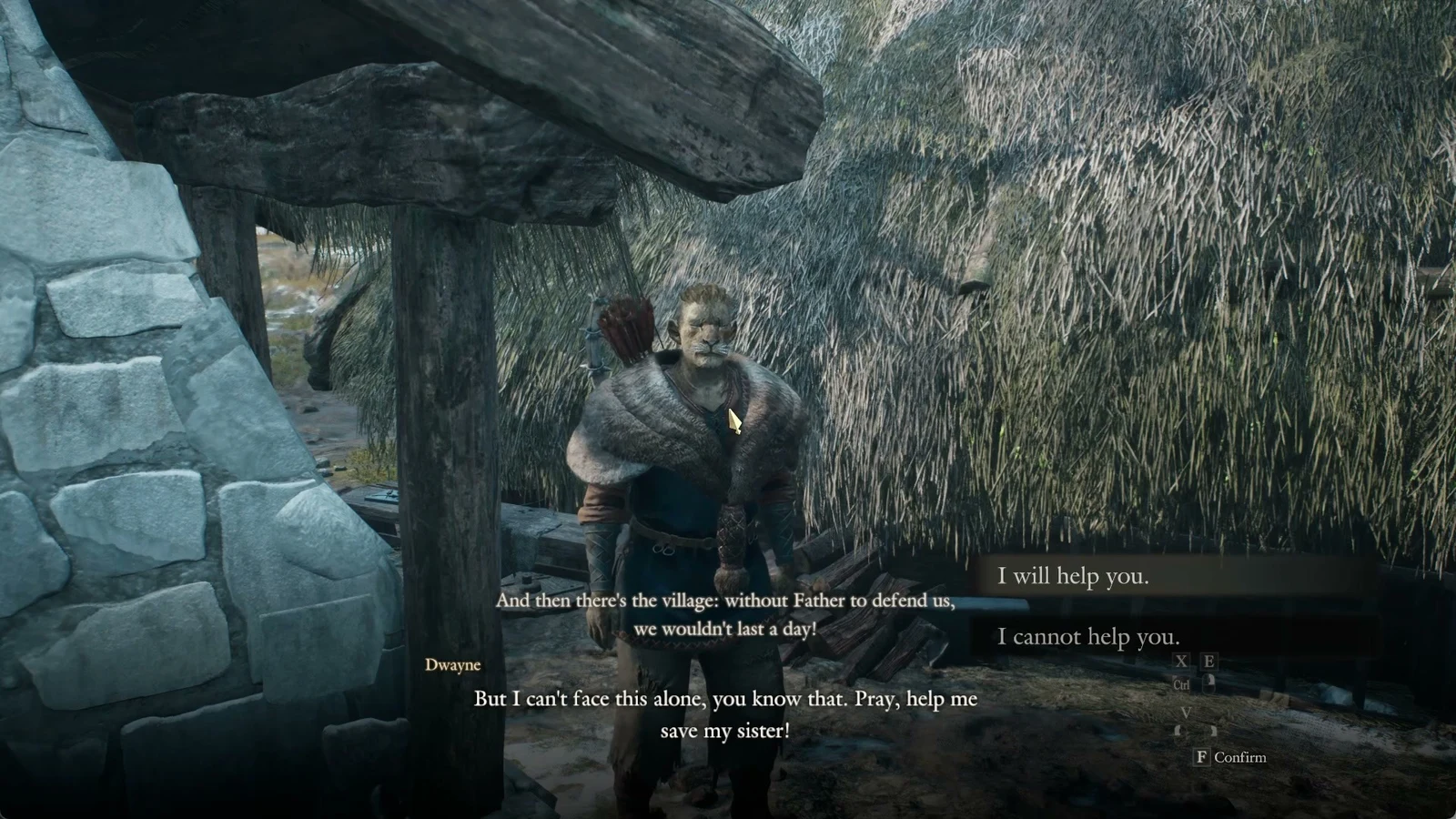 A beastren man with a quiver stands beside a thatched house while two dialogue choices are shown at the right.