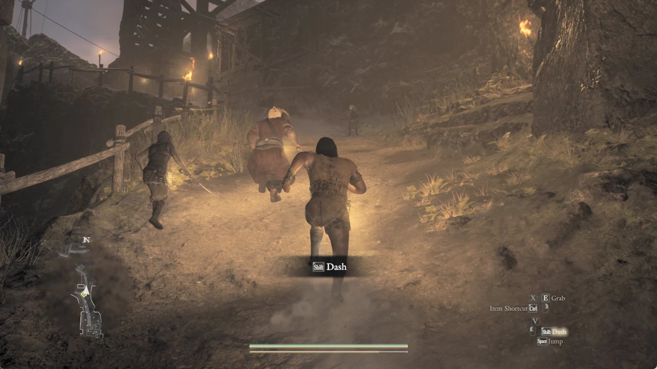 The character running uphill after companions with the Shift Dash prompt shown on screen