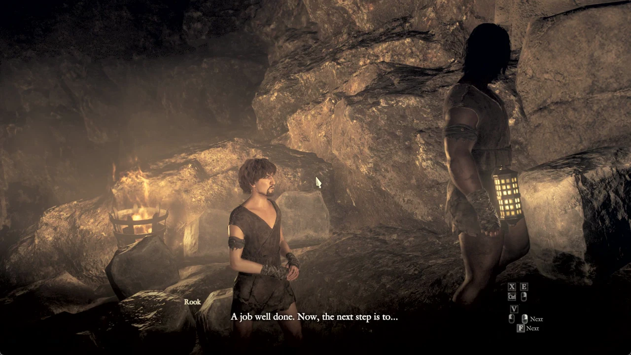 Rook's dialogue line A job well done with the F Next prompt after the boulder is delivered