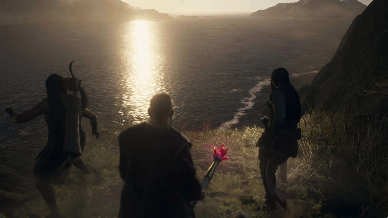 Cinematic shot of the open sea lit by sunlight as the escape cutscene plays