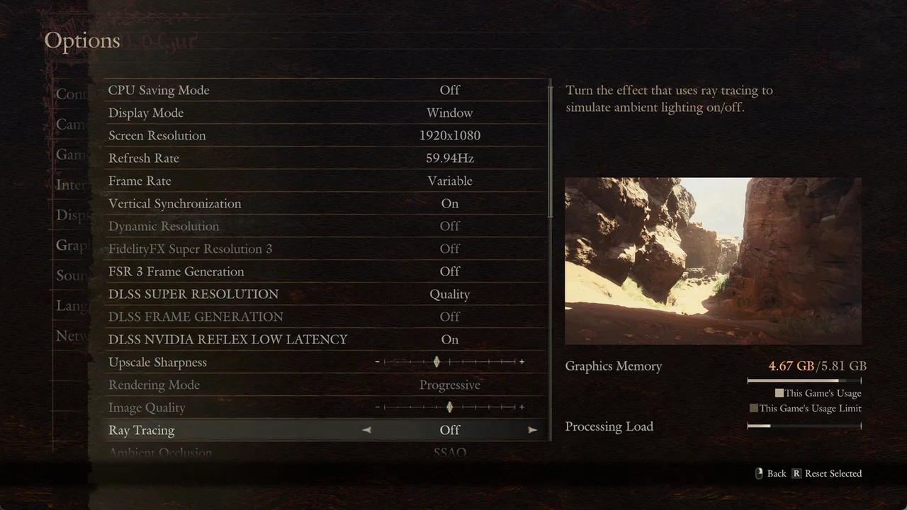 Graphics settings with the Ray Tracing row selected and set to Off