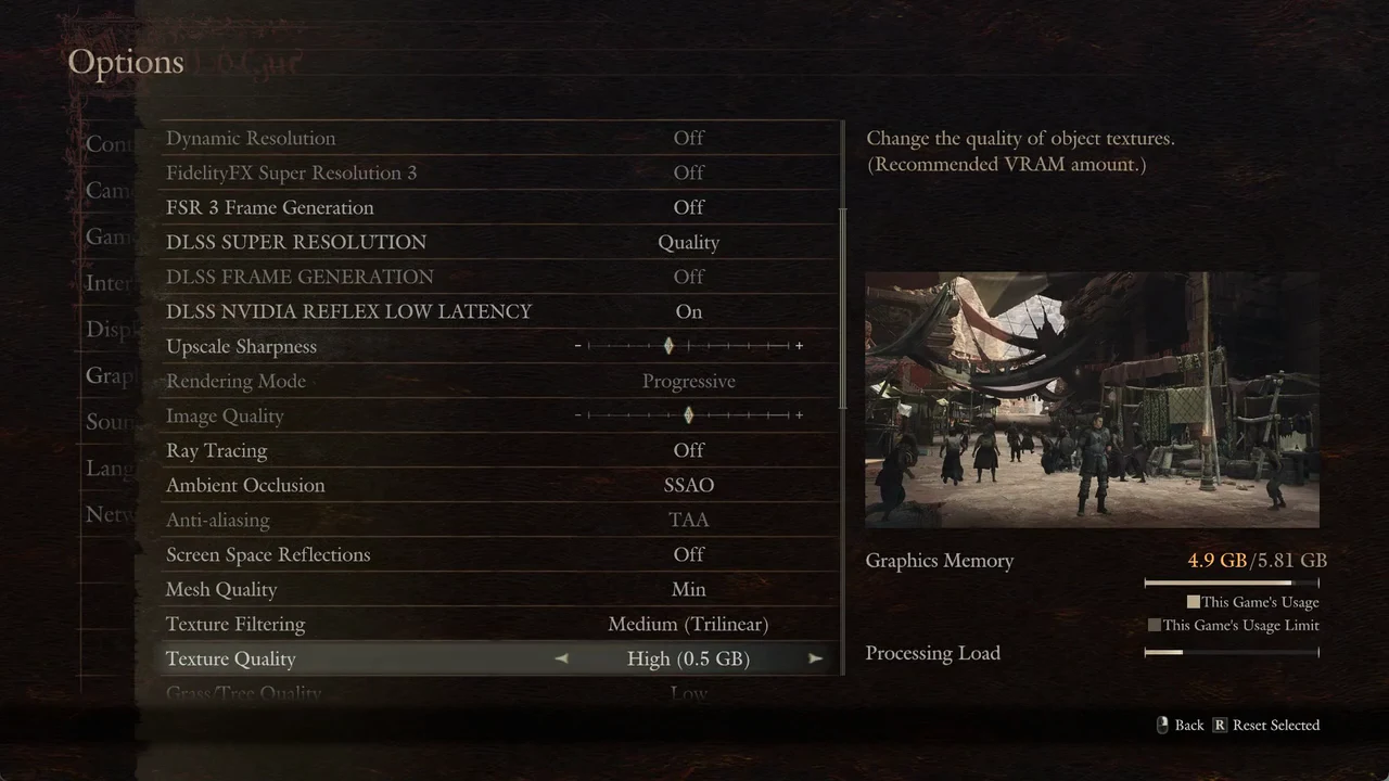 Texture Quality highlighted and being set to High (0.5 GB) in the Graphics menu