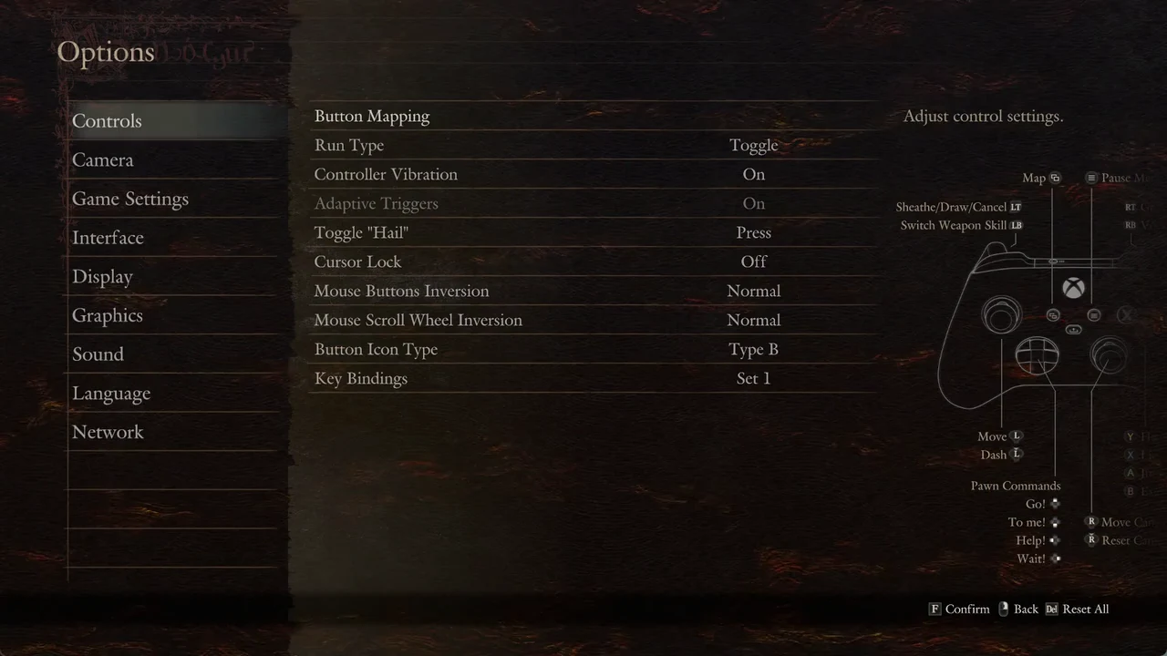 Options screen with the Controls tab open and Button Mapping selected