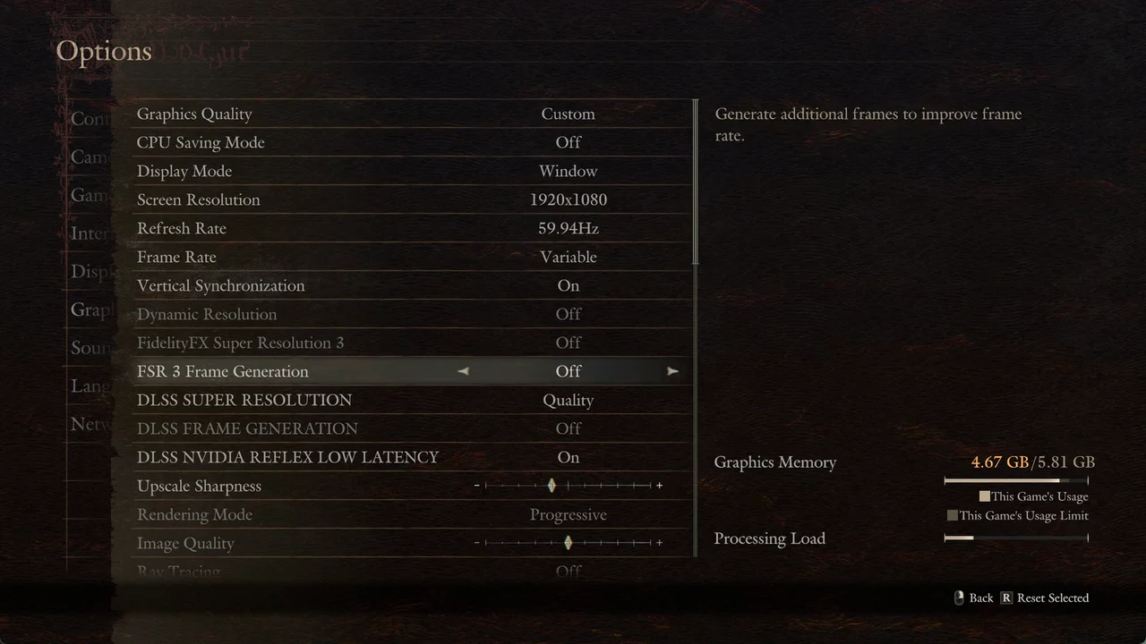 FSR 3 Frame Generation row highlighted and set to Off in the Graphics menu