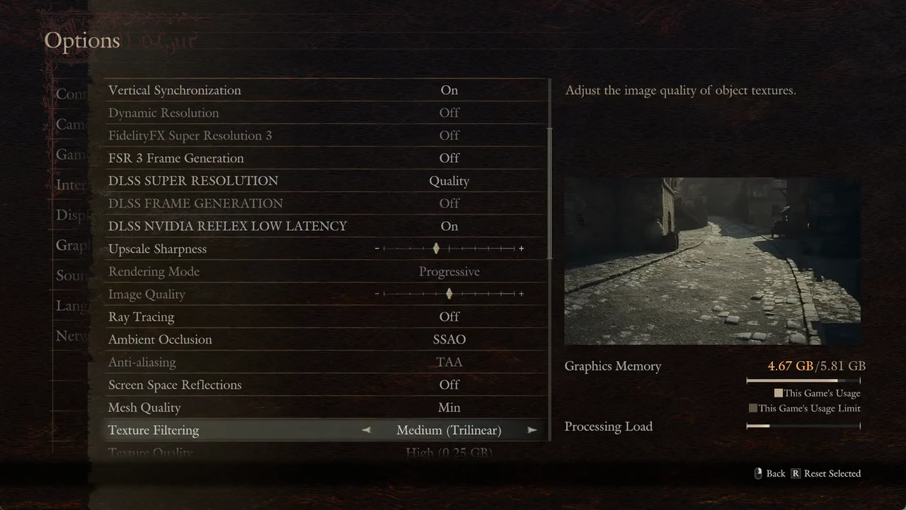 Graphics menu with Texture Filtering highlighted at Medium (Trilinear)