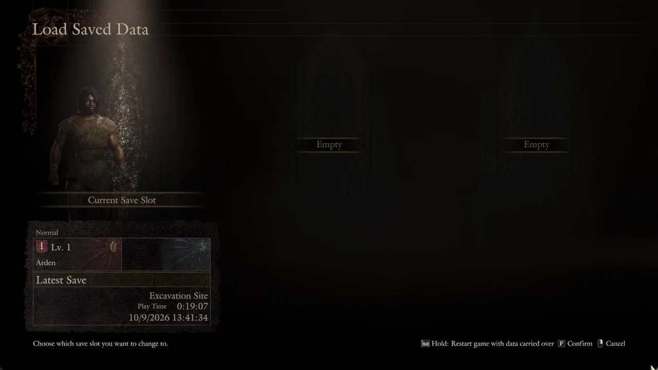 Three save slots side by side with Arden's current slot on the left and two Empty slots