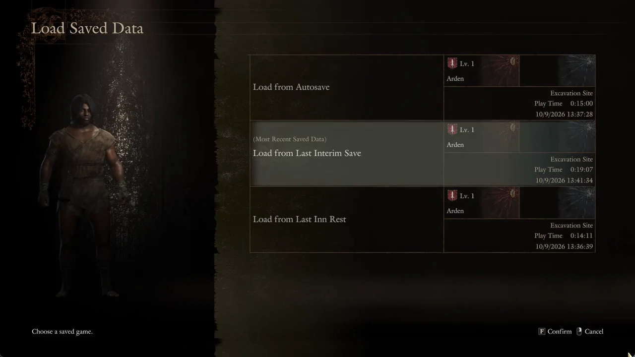 Load Saved Data screen listing Autosave, Last Interim Save and Last Inn Rest with the interim entry highlighted