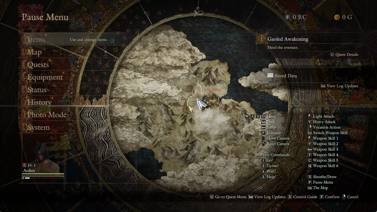 Pause Menu open in Dragon's Dogma 2 with Items highlighted and the quest panel on the right