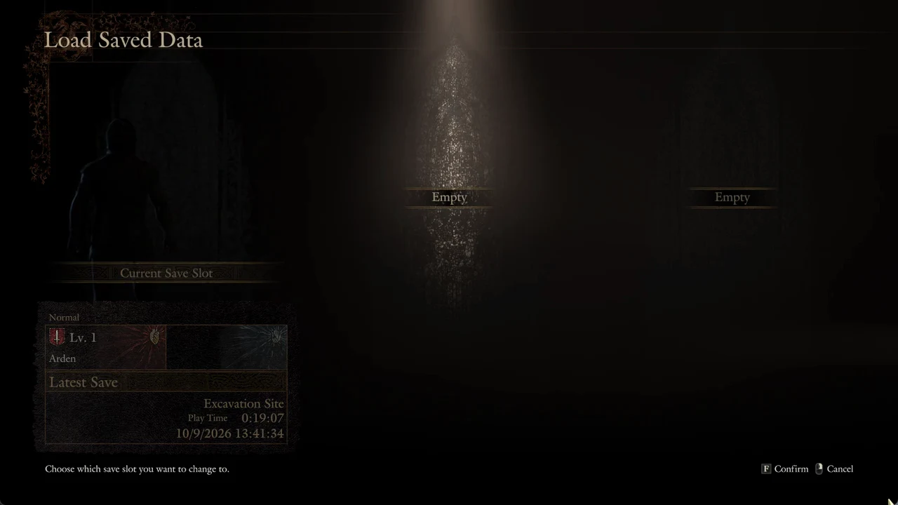 Load Saved Data screen with the Current Save Slot selected while choosing a slot to change to