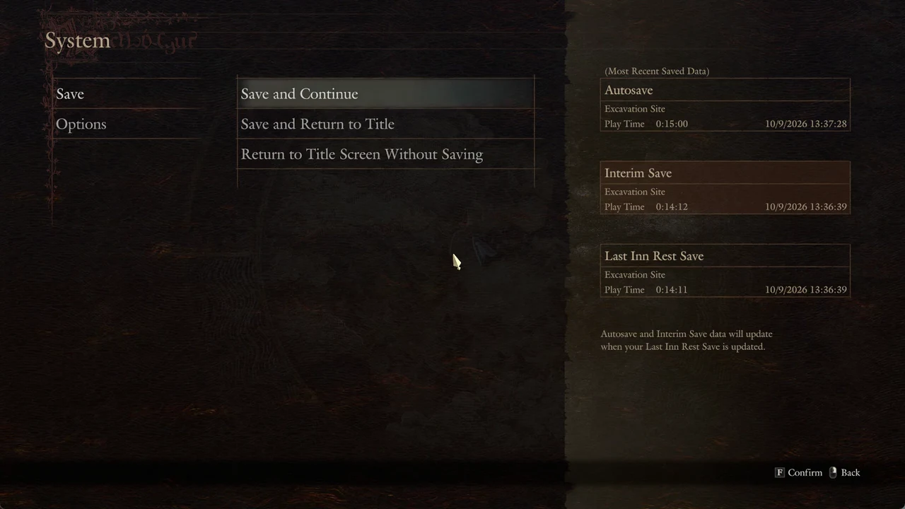 System Save screen with Save and Continue selected and the three save cards on the right
