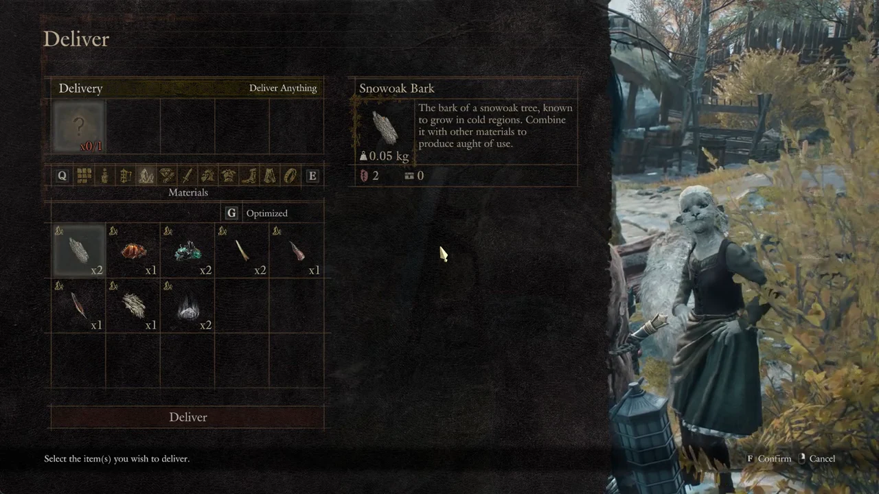 Snowoak Bark highlighted in the Materials grid while browsing tabs on the Deliver screen