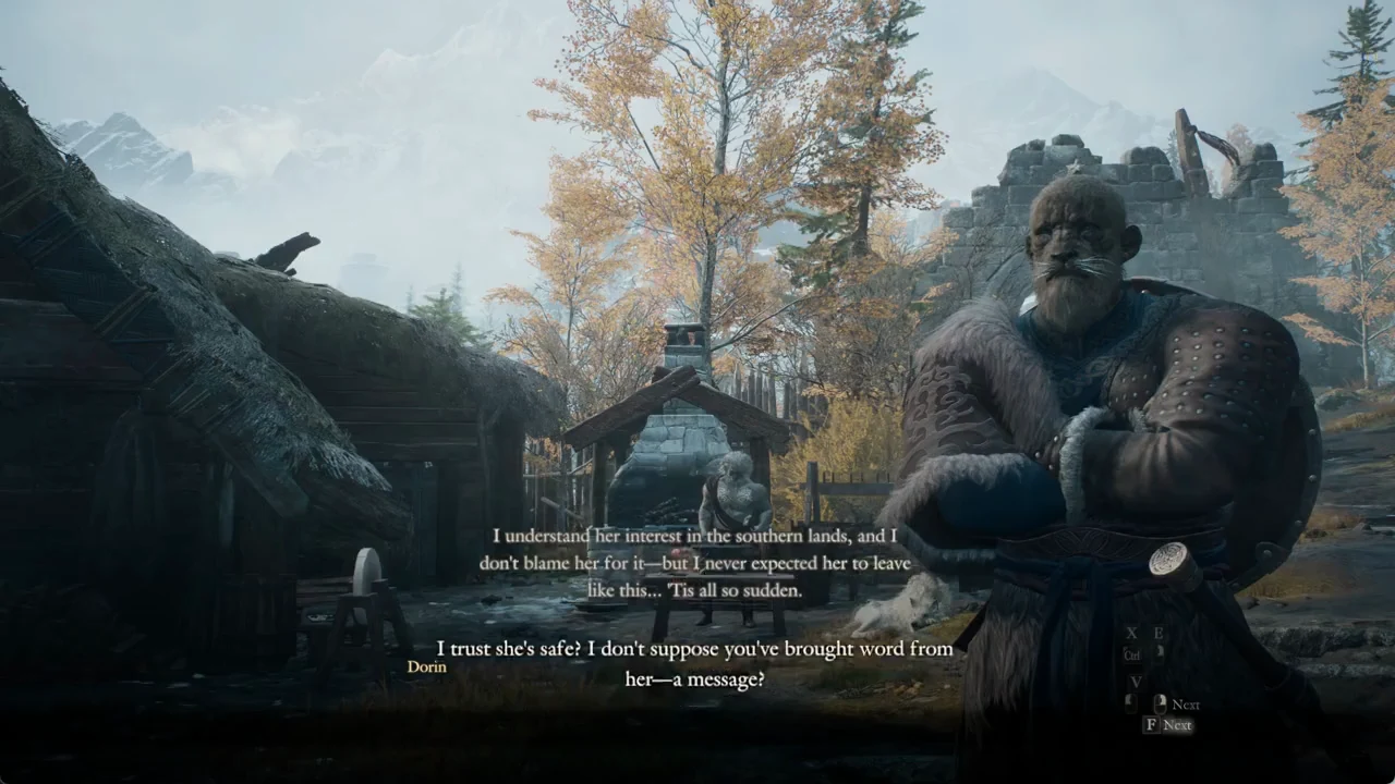 Dorin asks whether you have brought a message, with the Next prompt ready to continue