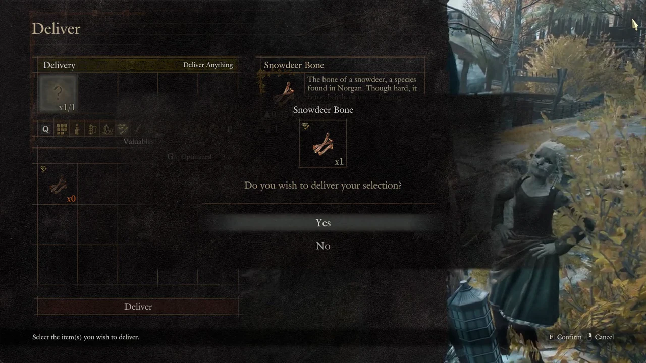 Snowdeer Bone staged with the Yes option highlighted on the delivery confirmation box