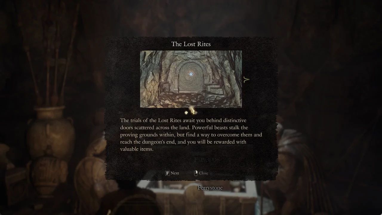 The Lost Rites information panel describing hidden trials with the F Next button shown