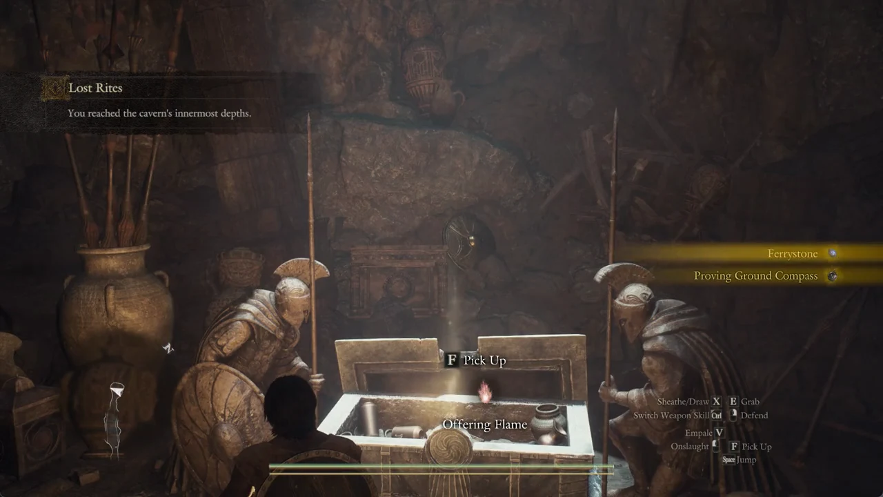 The chest highlighting the Offering Flame with an F Pick Up prompt during the Lost Rites objective