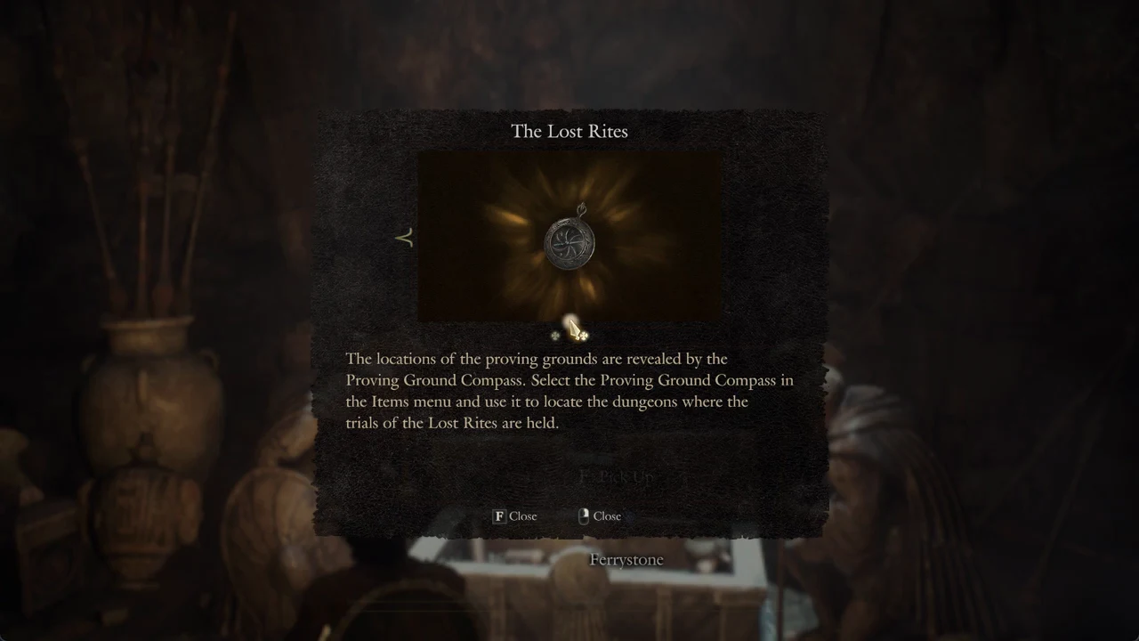 The F Pick Up prompt active over the Proving Ground Compass inside the open stone chest