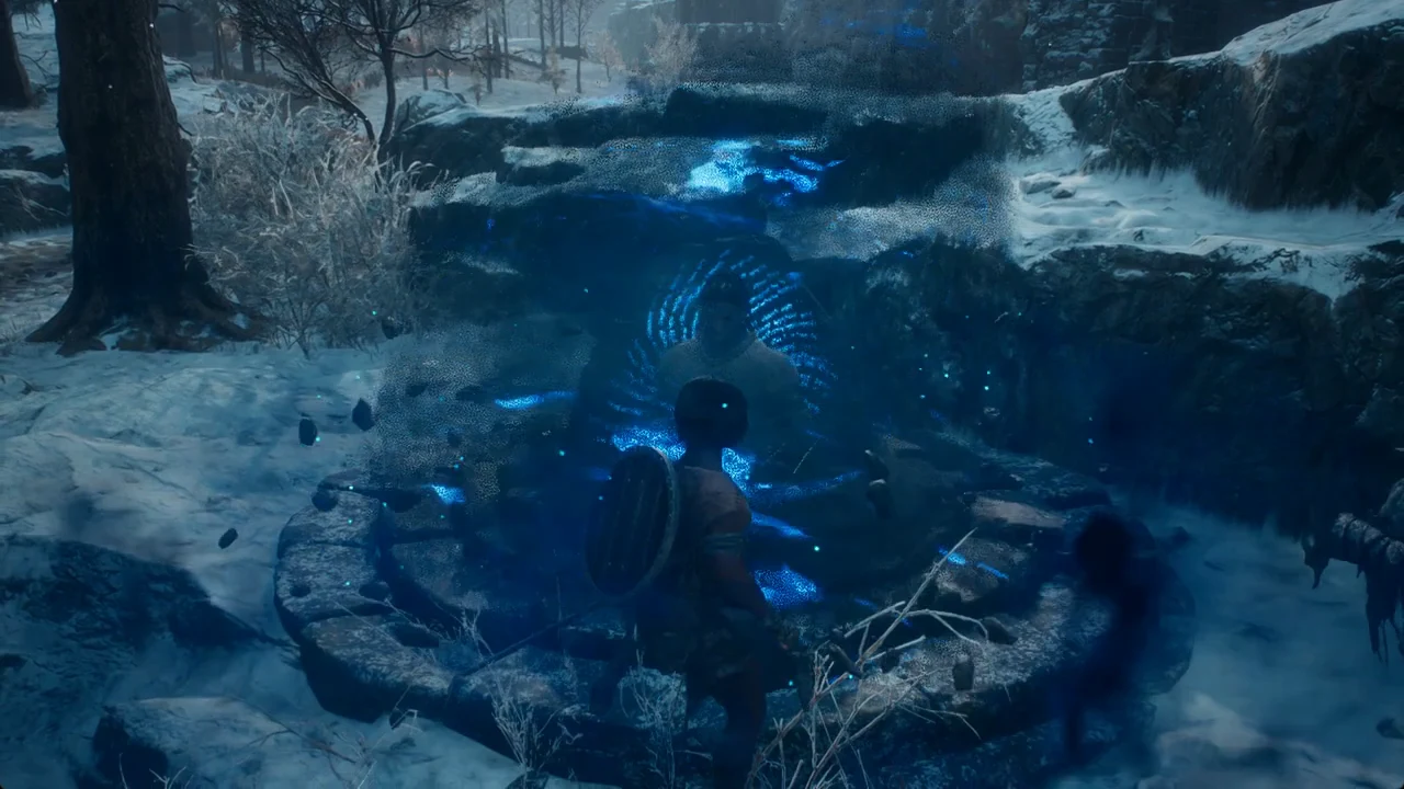 The Arisen touching the glowing blue rune stone as the summon triggers